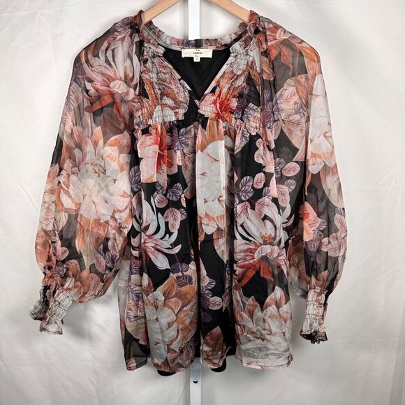 2/$30 Entro Size Small Long Puff Sleeve Chiffon Top Blouse Floral Boho - Picture 1 of 9